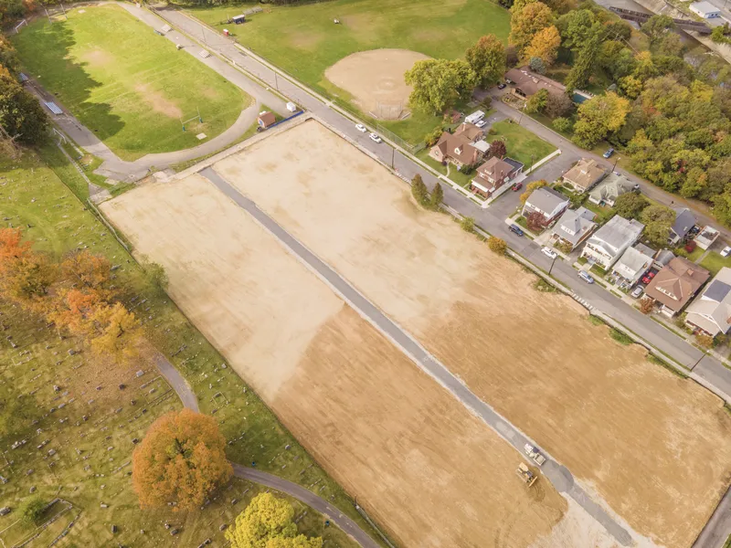 Aerial view of the entire demolition site of the former Allegany High School.