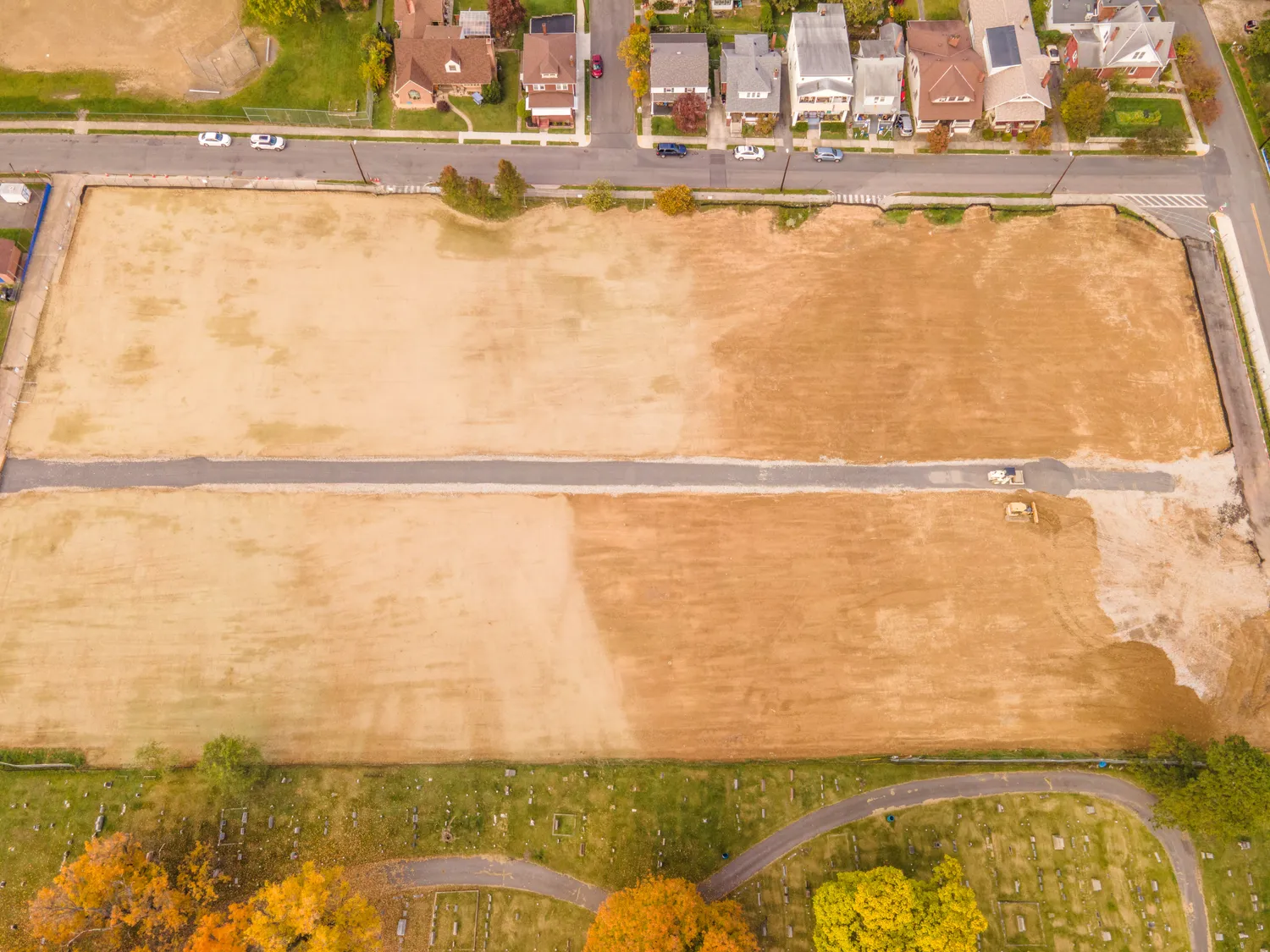 Aerial view of the former Allegany High School site after demolition.