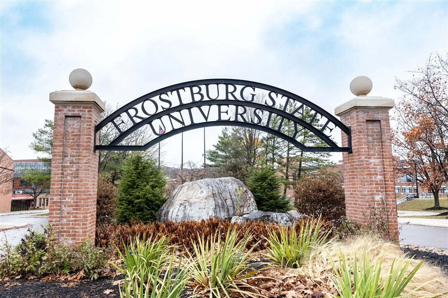 Exterior view of the Frostburg State University sign on the edge of their campus.