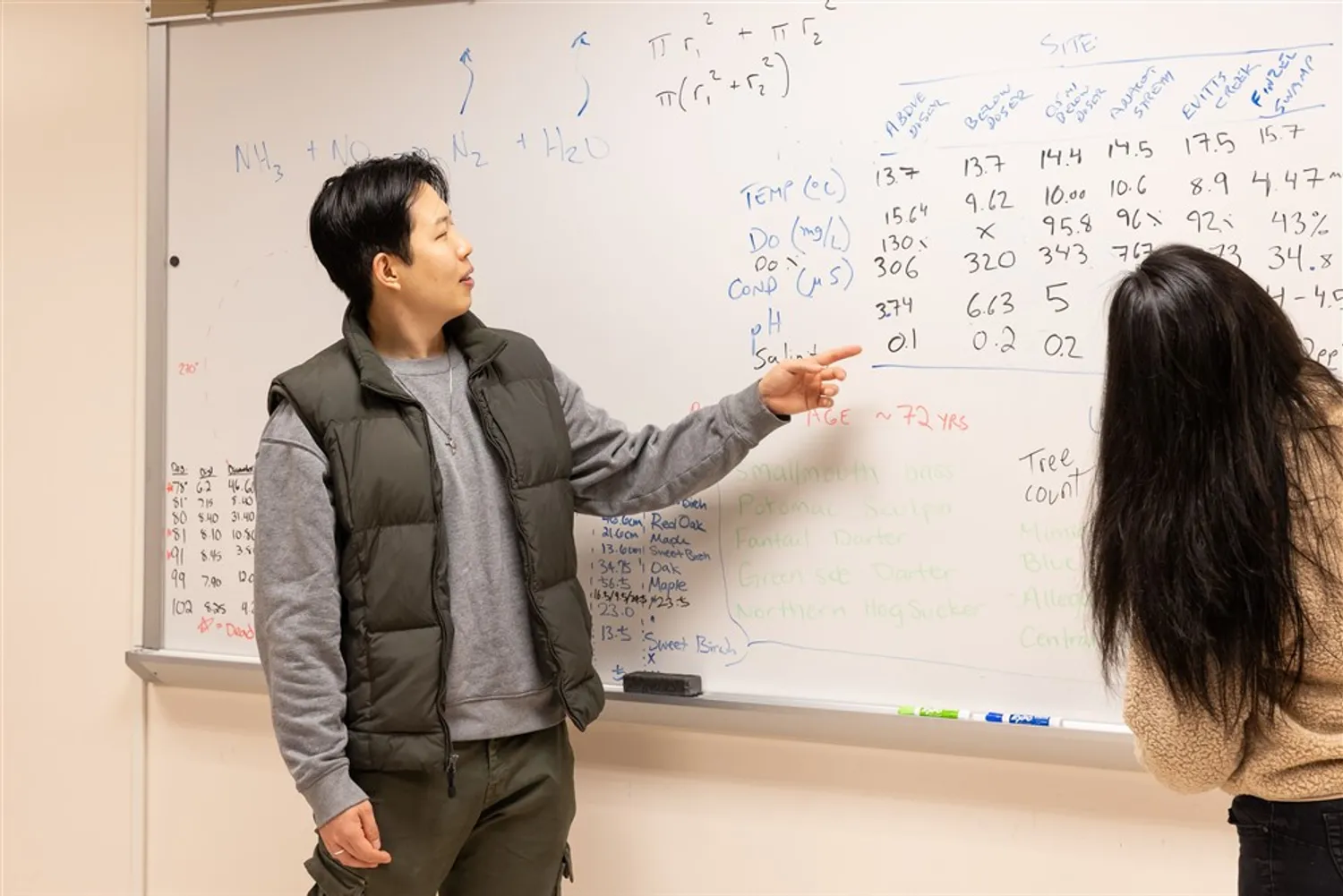 Two students in front of a white board discuss an equation.