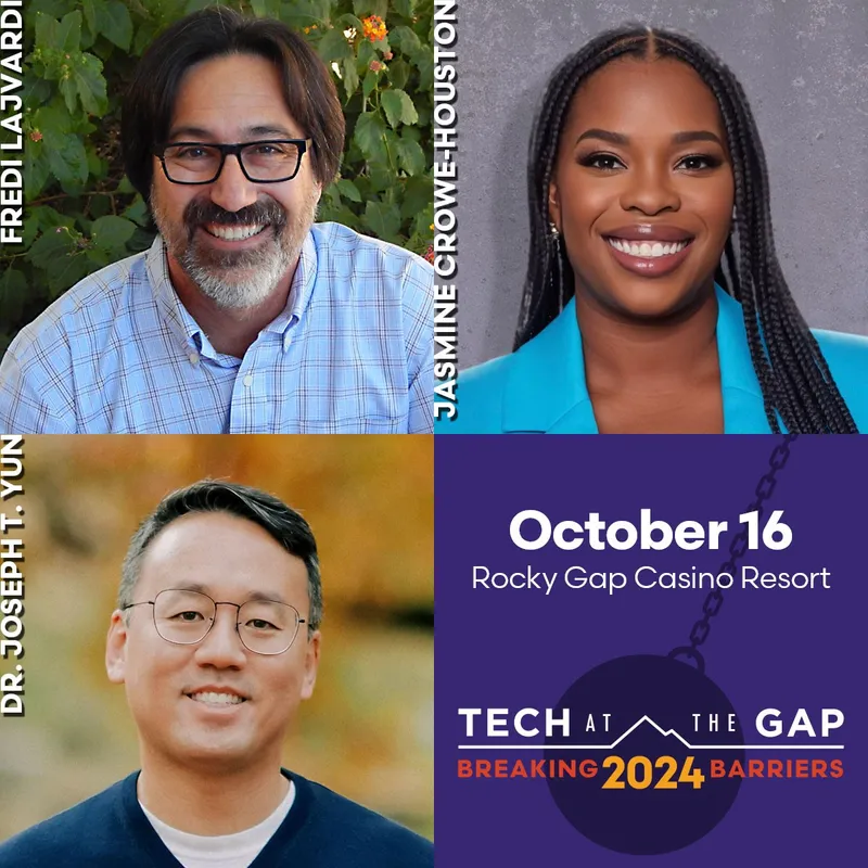 Headshots of three different speakers and the Tech at the Gap logo for 2024.