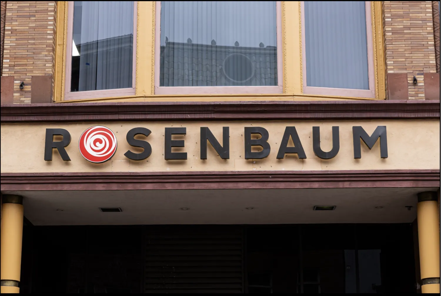 Close up picture of the Rosenbaum's logo on the facade of the building in downtown Cumberland.