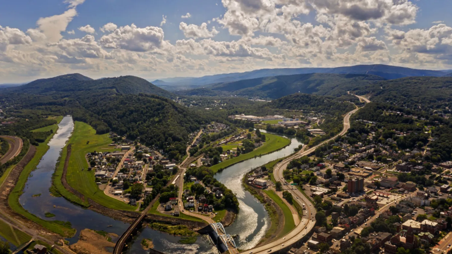 An aerial view of I-68 and parts of Cumberland, Ridgley and the Potomac River.