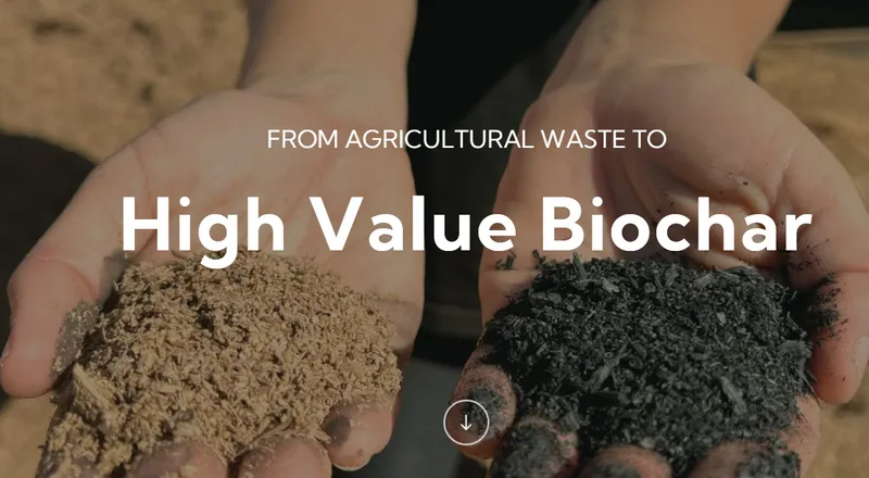 Two hands are reaching out, one holding dirt and the other holding a nutrient-rich product called biochar.