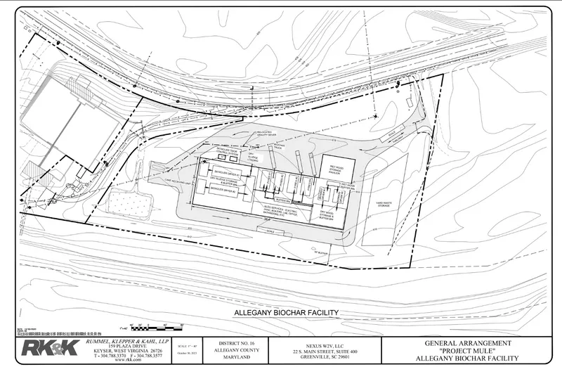 Black and white map and technical drawings for the proposed Nexus W2V plant in Cumberland, Maryland.
